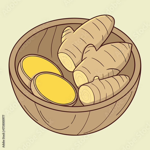 A wooden bowl contains fresh ginger roots and sliced pieces against a soft background