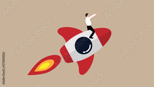 Business Man Soaring Upwards on a Rocket. White collar workers, traders and company success leadership CEO, successful start up vector art