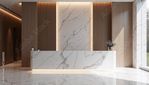 A stylish reception area features a sleek marble desk, wooden paneling, and large windows pouring in natural light. Fresh flowers add a touch of color to the space
