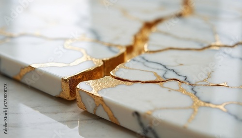 Close-up view of a beautiful marble surface featuring intricate golden veins and elegant patterns. This stunning surface enhances the ambiance of a sophisticated interior