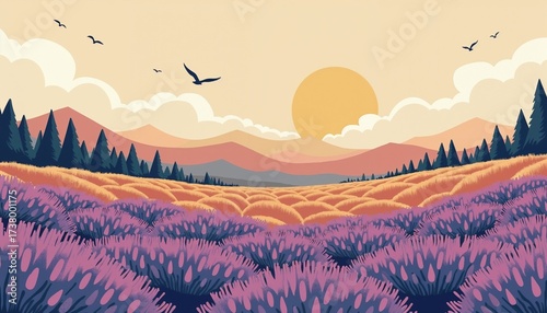 Vibrant lavender fields stretch across the landscape under a soft sunset. Silhouettes of mountains are visible in the distance, with birds soaring through a serene sky