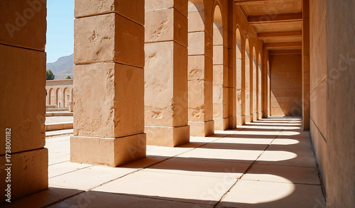 Sunlight casts shadows through tall stone columns in a spacious courtyard. The setting is calm, with soft light highlighting the architectural details against a clear blue sky