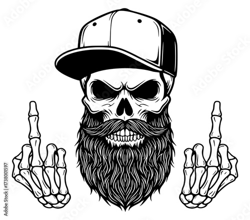 Bearded Skull in Cap Giving Middle Finger Vector Illustration, Hipster, Rebellion, Biker, Rock and Roll, Cool