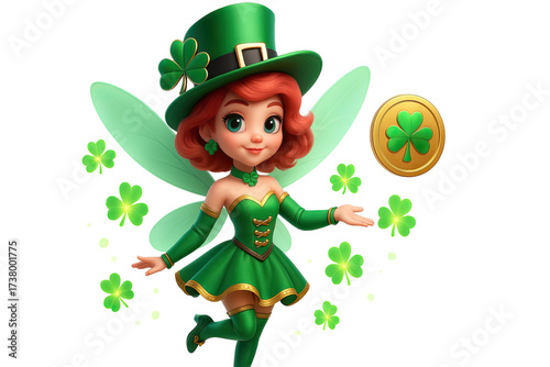 Cute magical fairy leprechaun girl with green hat wings shamrock clovers and golden coin fantasy character isolated on white background
