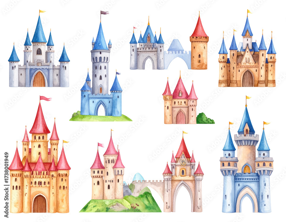 Obraz premium Watercolor Collection of Various Castles in Different Styles and Colors Depicted with Detailed Towers Flags and Arches Isolated on Transparent Background