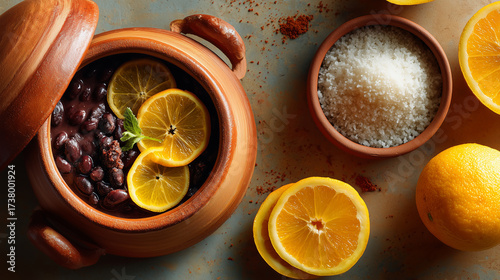 Authentic Brazilian feijoada in a rustic clay pot with fresh lemon slices, photographed from above. Close-up of traditional ingredients with coarse sea salt.