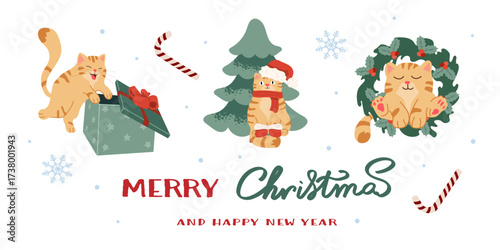 Horizontal Banner with Cats Celebrating Christmas and Wishing a Happy New Year 