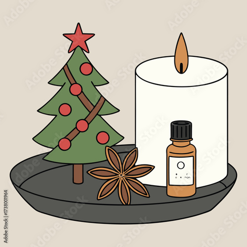 Minimalist Christmas features tree, candle, essential oil, and star anise on gray tray