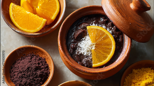 Traditional Brazilian feijoada served in a clay pot with lemon slices. Top view close-up with natural ingredients and sea salt.