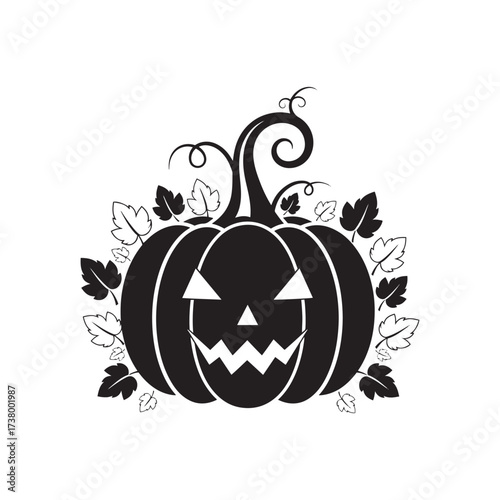 Thanksgivig Black Silhouette of a Jack-o- Lantern Pumpkin with Swirling Vines and Leaves halloween jackolantern