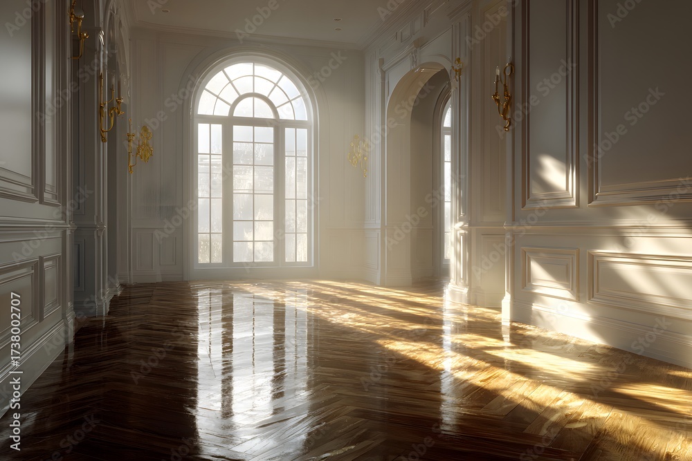 Fototapeta premium Elegant, empty room in a classic home has white wainscoting and polished floors. Golden sunlight streams in through a large, grand arched window.