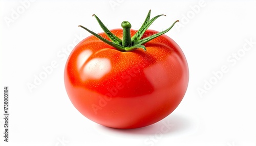 Describe a ripe red tomato with green stem and water droplets on a white background. Highlight its glossy texture, freshness, and appeal for food styling, nutrition, or produce visuals.