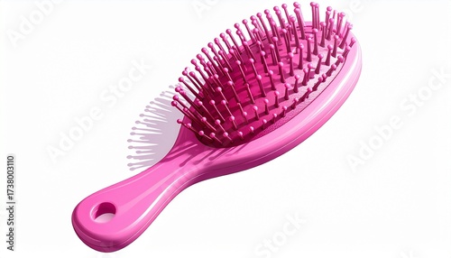 Describe a pink hairbrush with curved handle and densely packed plastic bristles on a white background. Highlight its glossy finish, ergonomic design, and utility for grooming and detangling hair.