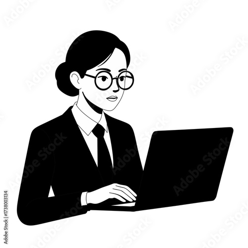 Professional businesswoman in a suit and glasses working intently on a laptop. Ideal for themes of remote work, technology, finance, and female empowerment.