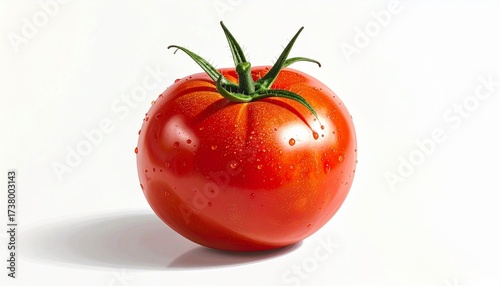 Describe a ripe red tomato with green stem and water droplets on a white background. Highlight its glossy texture, freshness, and appeal for food styling, nutrition, or produce visuals.