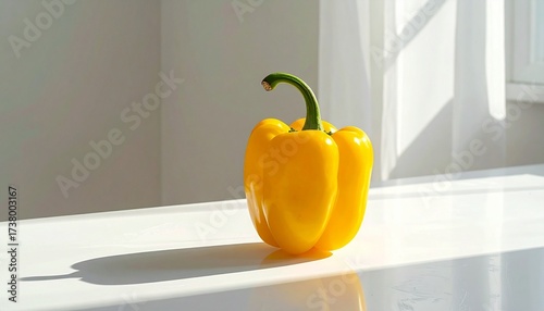 Describe a fresh yellow bell pepper with green stem on a white surface, casting a soft shadow. Highlight its glossy texture, vibrant color, and appeal for food, nutrition, or visual design.