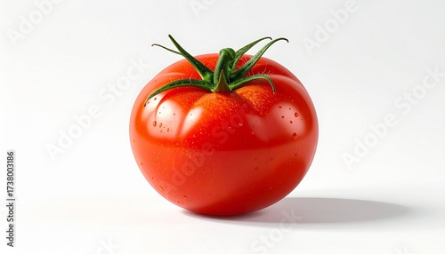 Describe a ripe red tomato with green stem and water droplets on a white background. Highlight its glossy texture, freshness, and appeal for food styling, nutrition, or produce visuals.