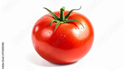 Describe a ripe red tomato with green stem and water droplets on a white background. Highlight its glossy texture, freshness, and appeal for food styling, nutrition, or produce visuals.