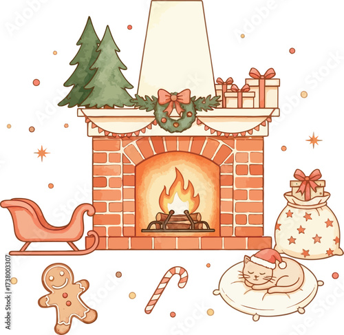 Christmas tree fireplace with gifts cozy holiday illustration vector design