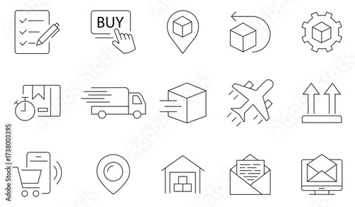 Collection of delivery line icon set. Contains such icons priority shipping, express delivery, tracking order and more.  Delivery methods, courier, box, parcel protection. Vector illustration.