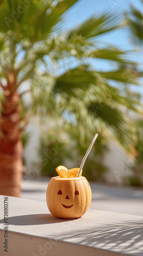 Smiling pumpkin cup with citrus cocktail straw summer palm tree background festive drink