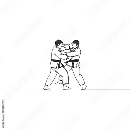 Two judo athletes in action, single line drawing on white background