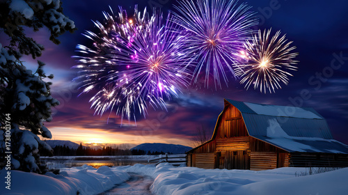 Snowy barn at sunset with colorful fireworks lighting winter sky over rural landscape, warm barn glow reflecting on snow and icy stream, festive atmosphere and peaceful countryside night