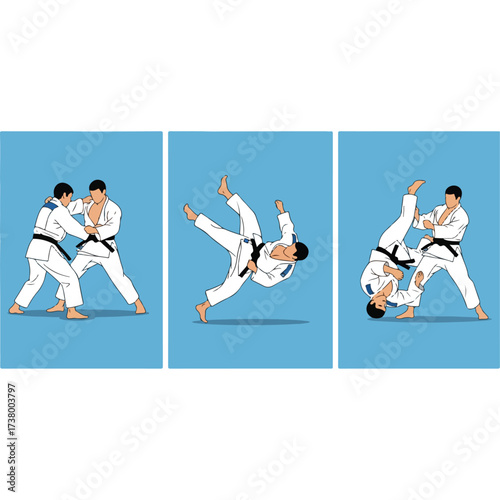 Judo practitioners executing throw sequence against a light blue backdrop