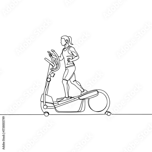 Woman exercising on elliptical machine, continuous line drawing