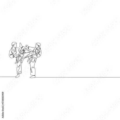 Two martial artists practicing high kick in minimalist line art