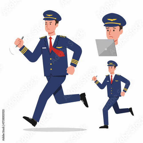 A stressed male airline pilot in uniform, holding a pen and running, symbolizing urgency, deadlines, and busy schedules in aviation. Flat cartoon vector illustration.