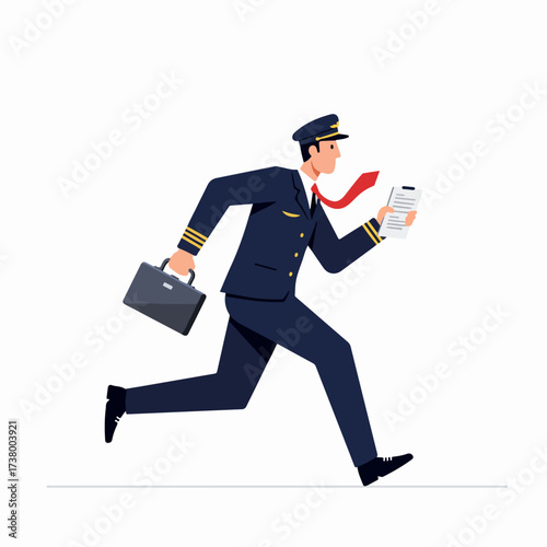 Busy male pilot in uniform running with briefcase and documents, illustrating urgency and a demanding aviation schedule.
