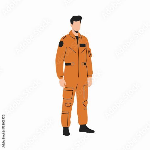 Modern vector illustration of a professional man in an orange flight suit, symbolizing aviation, space exploration, or industrial safety.