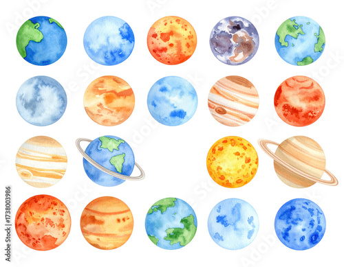 Wallpaper Mural Watercolor Planets Collection with Various Angles Depicting Earth Moon and Other Cosmic Celestial Bodies Isolated on Transparent Background Torontodigital.ca