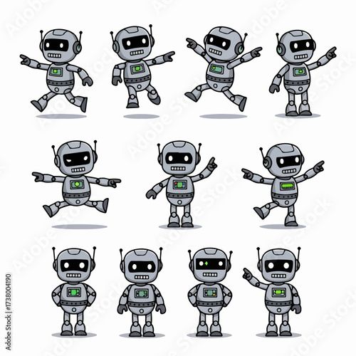Collection of cute cartoon robots performing various actions like jumping, pointing, and standing, depicted in a friendly vector art style.