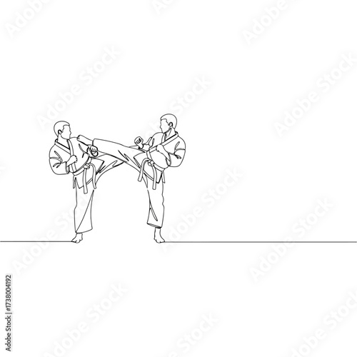 Karate practitioners sparring with high kick in minimalist line art
