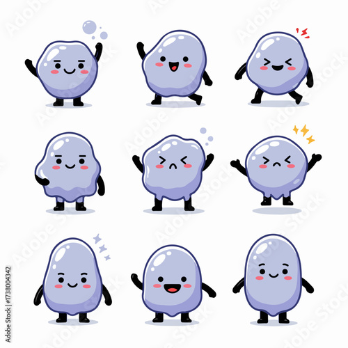 Adorable cartoon blob characters vector set displaying a range of emotions and playful poses, ideal for cute design projects and animated themes.