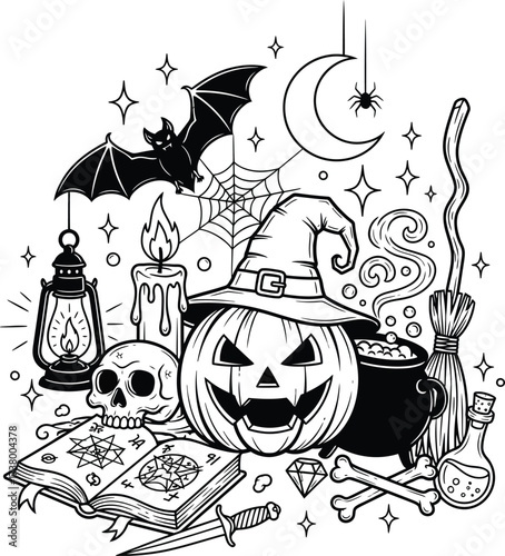Spooky Halloween Scene Jacko'Lantern Witch Hat and Magical Elements