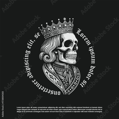 Retro hand drawn dark art skeleton king badge, majestic undead king vector