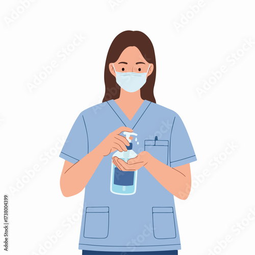 Female healthcare professional in mask applying hand sanitizer for hygiene and germ protection, emphasizing public health safety.