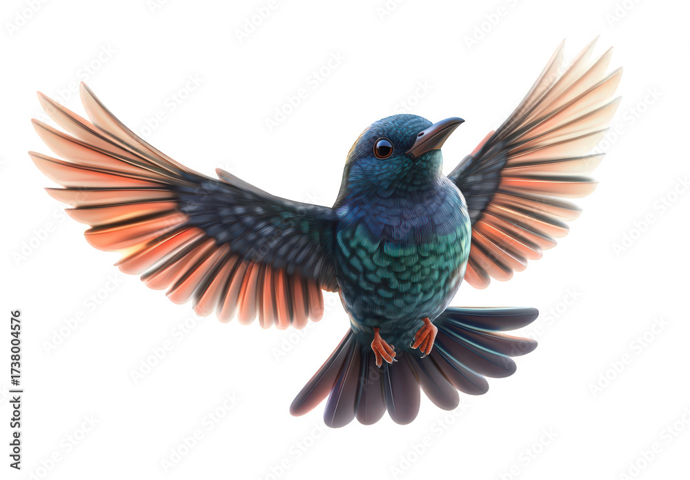 Naklejka premium A vibrant hummingbird, isolated on transparent background, spreads its wings in midflight, showcasing a stunning array of colors and intricate feather details