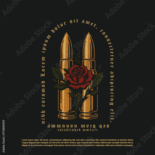 Two sharp bullets with rose flower vector isolated on black background