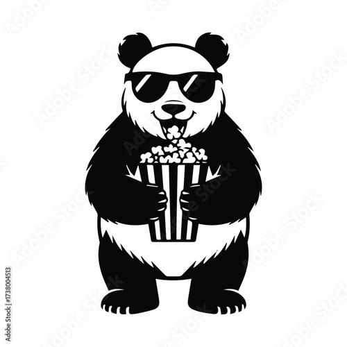 Cool panda wearing sunglasses holds bucket of popcorn ready for movie time fun silhouette
