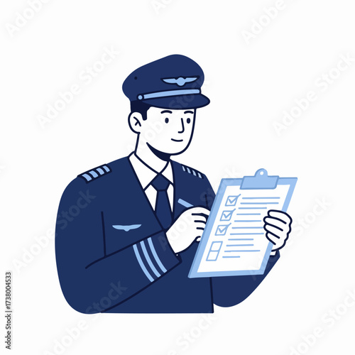 Professional pilot in uniform meticulously checking a pre-flight checklist on a clipboard, representing aviation safety and career.