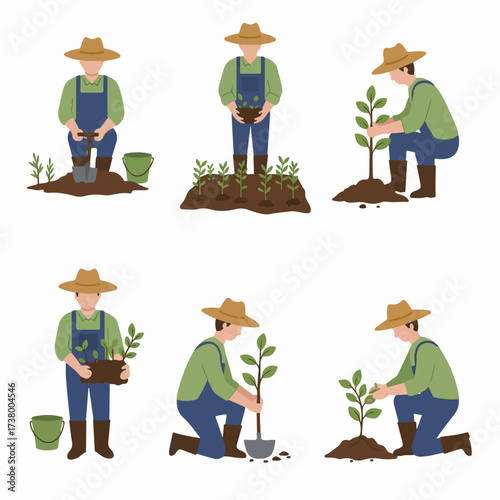 Farmer planting seedlings and saplings in various stages, illustrating agriculture and gardening processes from soil preparation to growth.