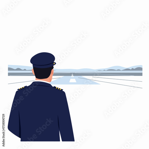 Pilot standing on an airport runway, viewed from behind, wearing a navy blue uniform and cap, looking towards the distant horizon, ready for flight.