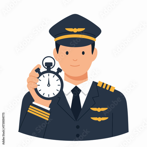 Professional pilot in uniform holding a stopwatch, symbolizing time management, punctuality, and flight schedule efficiency in aviation.