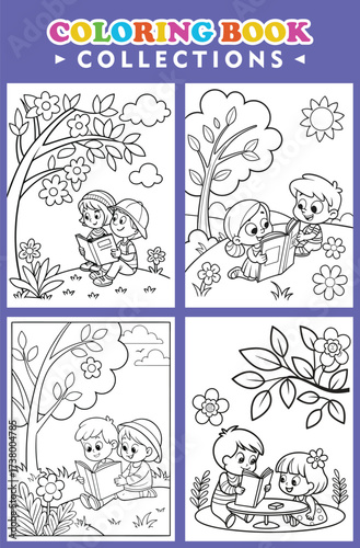 Four Unique Scenes Of Children Joyfully Reading Books In Nature In Line Art