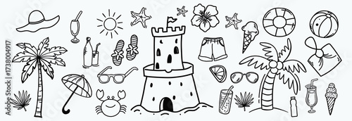 Hand drawn summer doodles, beach party, vacation and travel doodle elements. Tropical leaves, fruits and cocktails sketches, cute summertime line stickers vector set