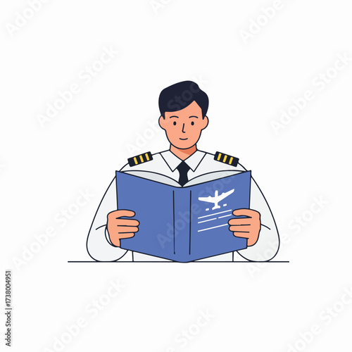 Young male pilot in uniform studying an aviation manual with an airplane icon, demonstrating professional dedication and flight preparation.